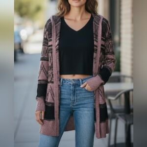 Charlotte Russe Hooded Tribal Cardigan in Maroon and Black